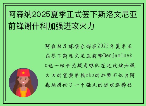 阿森纳2025夏季正式签下斯洛文尼亚前锋谢什科加强进攻火力